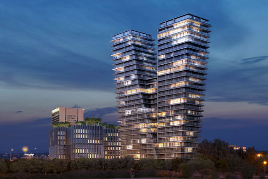 V-Tower je 2017. godine izgrađen u omiljenoj stambenoj i poslovnoj četvrti Pankrac. Ova novogradnja visoka 104 metra na 30 katova nudi 120 apartmana. © Radan Hubička Architectural Studio